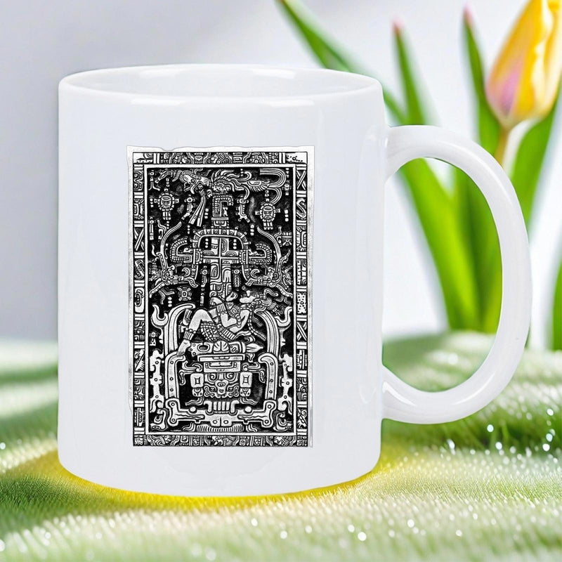 Tailorly White Ceramic 11 oz Mug - Intricate Ancient Mayan Stone Carving With Detailed Mythological Symbols And Glyphs Artifact