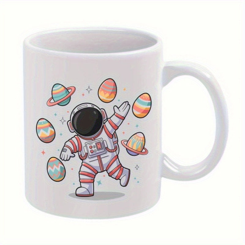 Tailorly White Ceramic 11 oz Mug - Whimsical Space Explorer Floating With Colorful Easter Eggs Among Shining Stars Astronaut