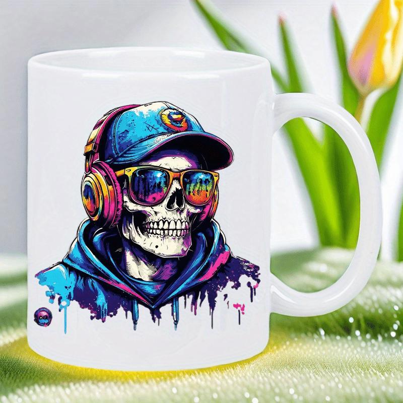 Tailorly White Ceramic 11 oz Mug - Vibrant Urban Streetwear Style With Colorful Headphones And Reflective Sunglasses Skull