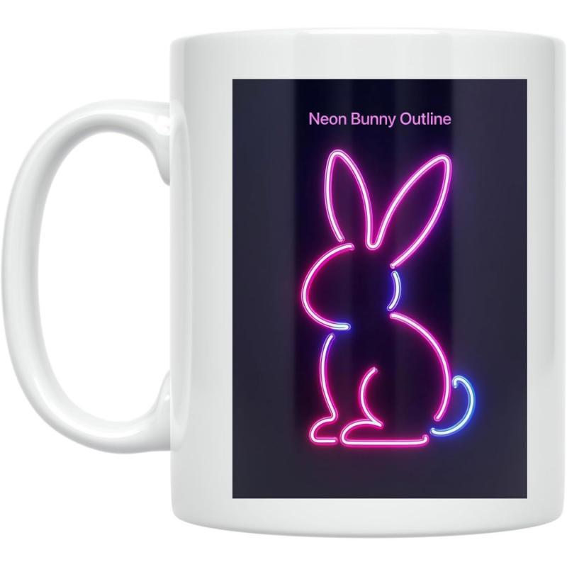 Tailorly White Ceramic 11 oz Mug - Neon Bunny Outline Vibrant Glowing Pink And Purple Neon Lights Shaping A Simple Bunny