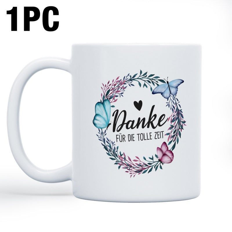 Tailorly White Ceramic 11 oz Mug - Elegant Watercolor Floral Arrangement With Blue Butterflies And Delicate Leaves Wreath