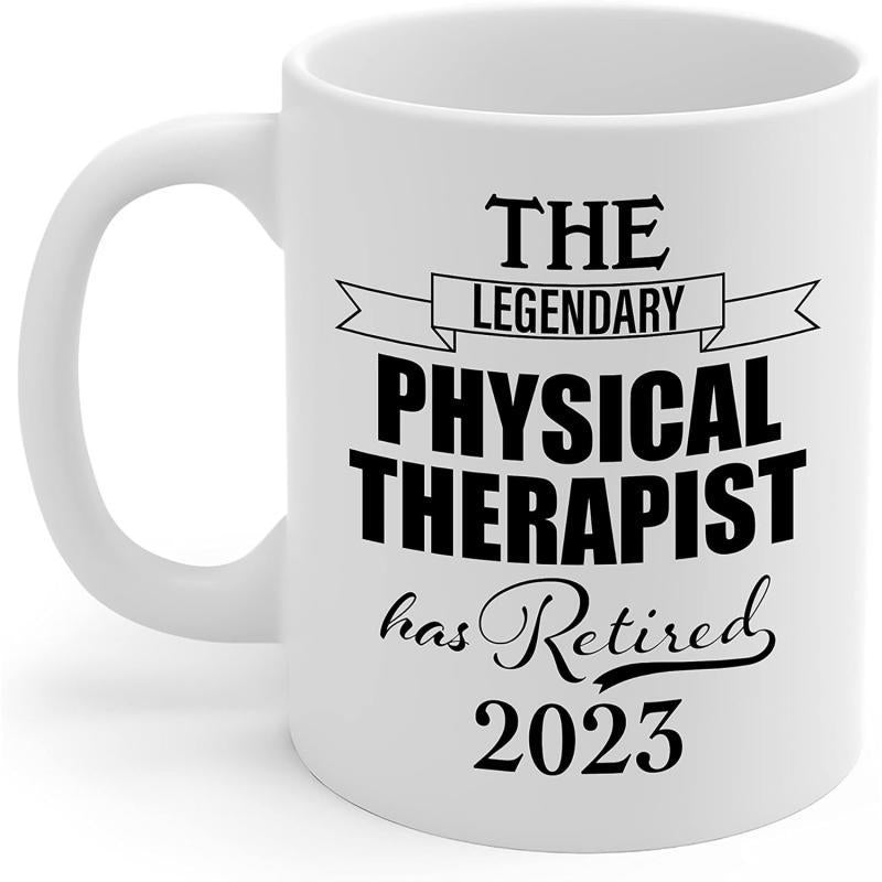 Tailorly White Ceramic 11 oz Mug - The Legendary Physical Therapist Has Retired 2023 Classic Ribbon Banner With Decorative Script And Heavy Bold Block Typography