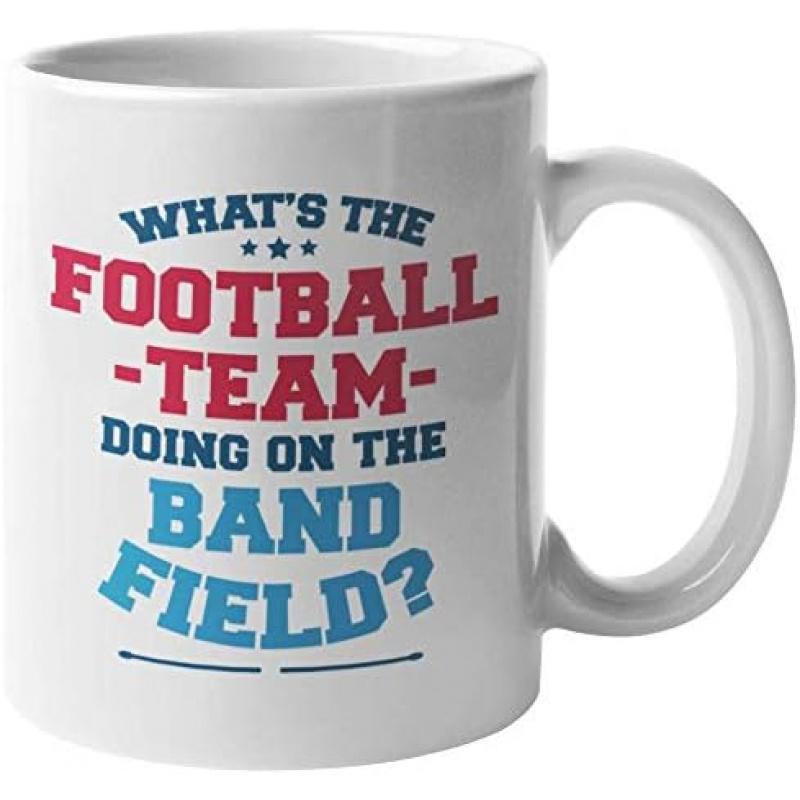 Tailorly White Ceramic 11 oz Mug - Whats The Football Team Doing On The Band Field Classic Athletic Typography With Decorative Stars And Horizontal Divider Lines