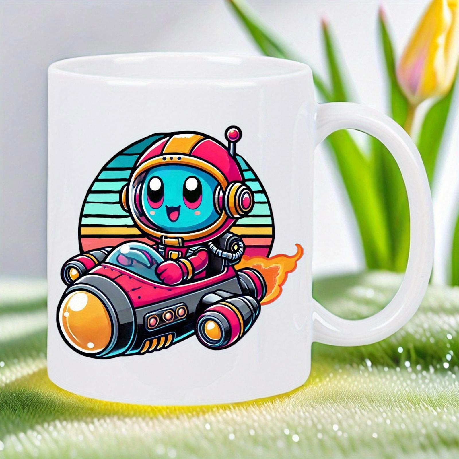 Tailorly White Ceramic 11 oz Mug - Cute Blue Character Flying In A Red Rocket Against Sunset Astronaut
