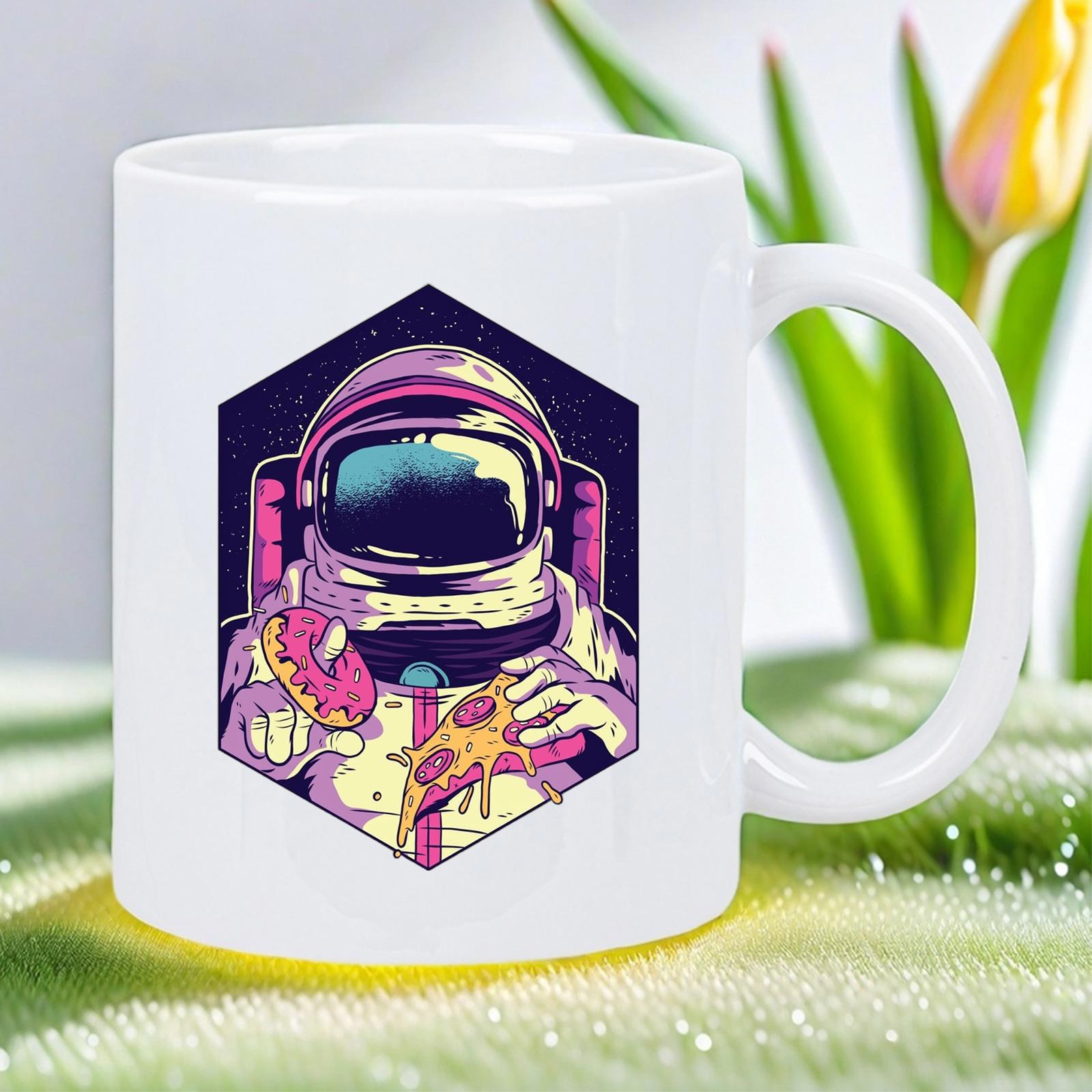 Tailorly White Ceramic 11 oz Mug - Vibrant Galactic Explorer Holding Delicious Pizza Slice And Sweet Glazed Donut Astronaut