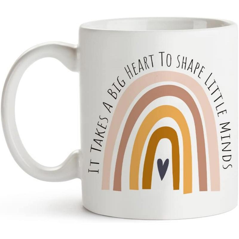 Tailorly White Ceramic 11 oz Mug - It Takes A Big Heart To Shape Little Minds Minimalist Earthy Toned Boho Style Arc Pattern Rainbow