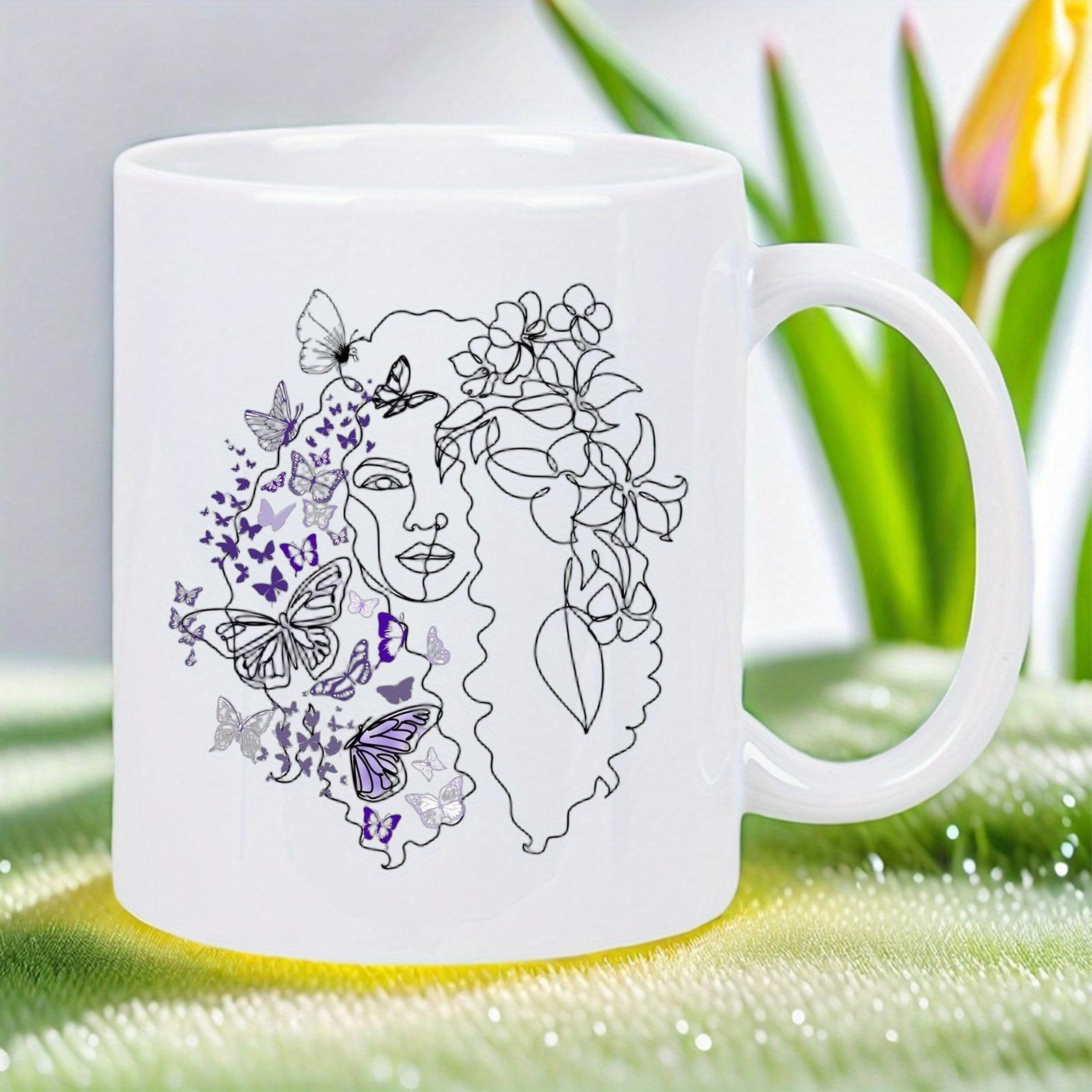 Tailorly White Ceramic 11 oz Mug - Graceful Line Art Featuring Feminine Face With Fluttering Butterflies And Flowers Woman