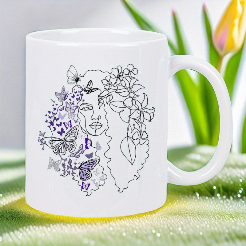 Tailorly White Ceramic 11 oz Mug - Graceful Line Art Featuring Feminine Face With Fluttering Butterflies And Flowers Woman