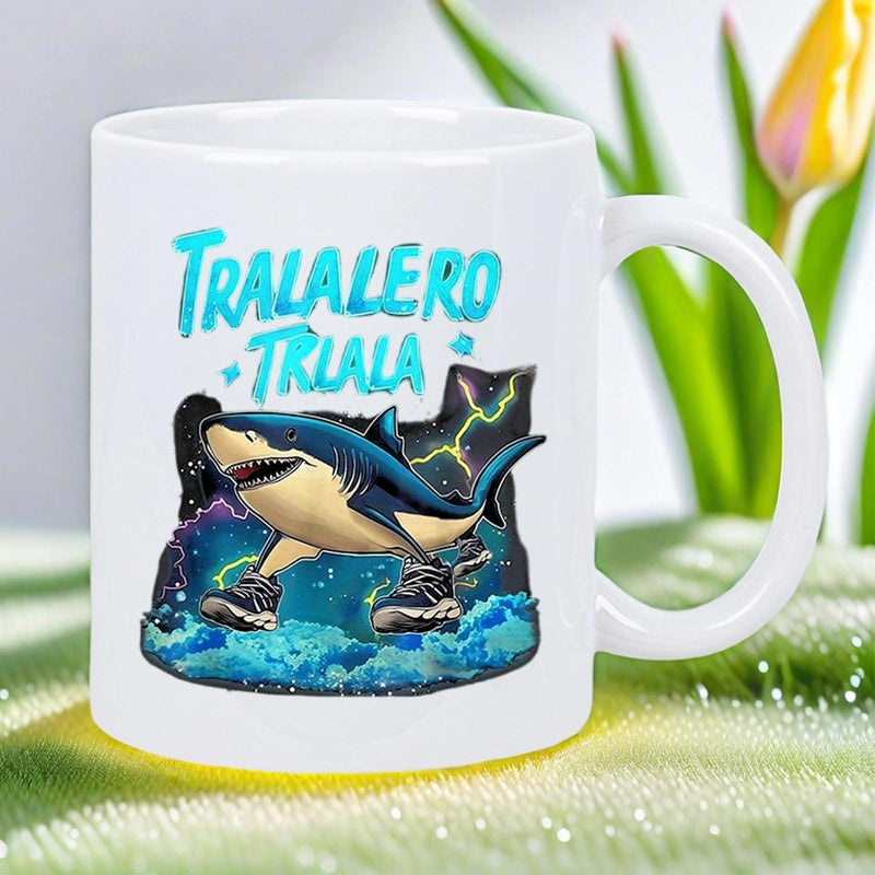 Tailorly White Ceramic 11 oz Mug - Tralalero Trialà Powerful Great White Shark Wearing Black Sneakers Leaping From Splashing Blue Water Shark