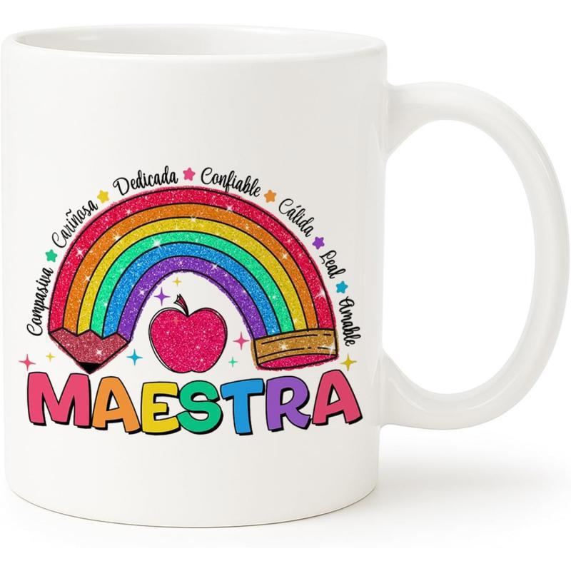 Tailorly White Ceramic 11 oz Mug - Vibrant Arched Rainbow Pencil Featuring A Sparkling Red School Teacher Apple