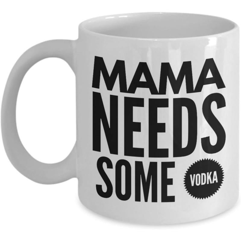 Tailorly White Ceramic 11 oz Mug - Mama Needs Some Vodka Bold Black Lettering Design Featuring A Simple Serrated Badge Circle Sign