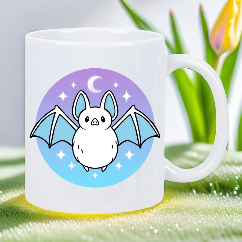 Tailorly White Ceramic 11 oz Mug - Cute Cartoon White Bat Floating Under Crescent Moon And Twinkling Stars Bat