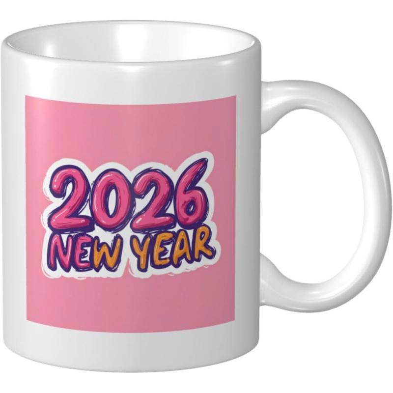 Tailorly White Ceramic 11 oz Mug - 2026 New Year Vibrant Bubble Style Numbers On Pink Background Celebration Mug