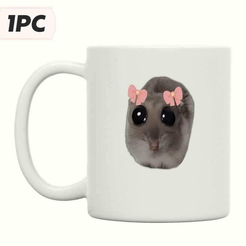 Tailorly White Ceramic 11 oz Mug - Adorable Little Hamster With Large Eyes Wearing Pink Silk Bows Hamster