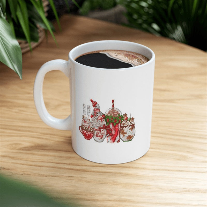 Tailorly White Ceramic 11 oz Mug - Festive Holiday Coffee Beverages Decorated With Whipped Cream And Candy Canes Cup