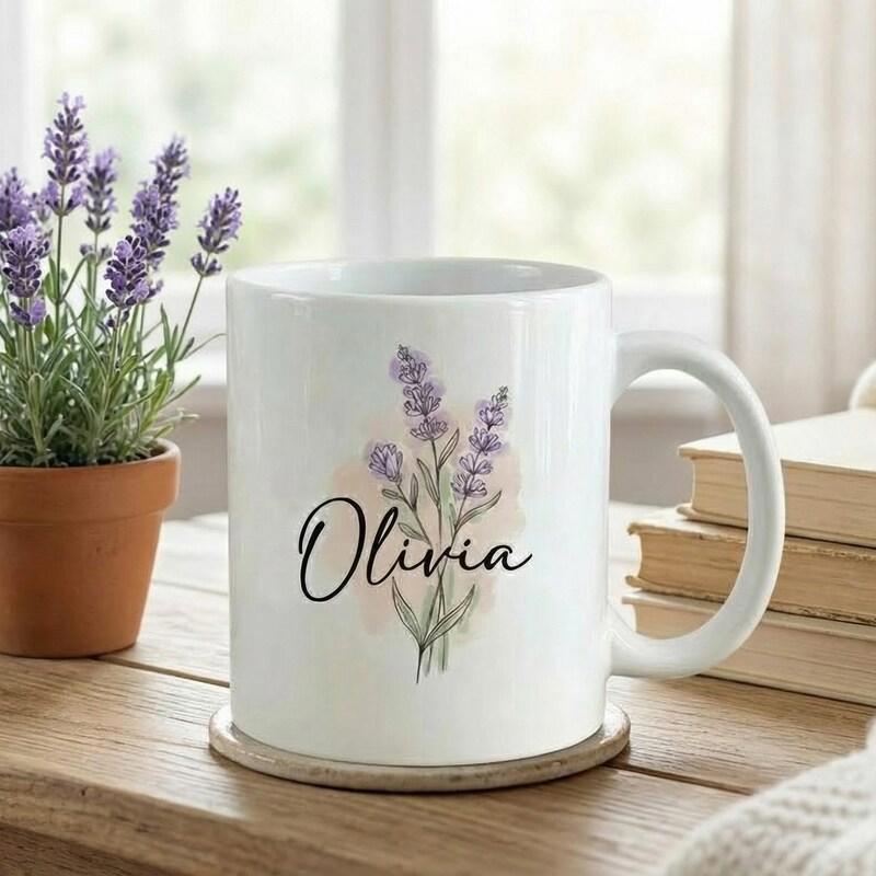Tailorly White Ceramic 11 oz Mug - Olivia Delicate Purple Flowers Blooming Among Soft Watercolor Wash And Stems Lavender