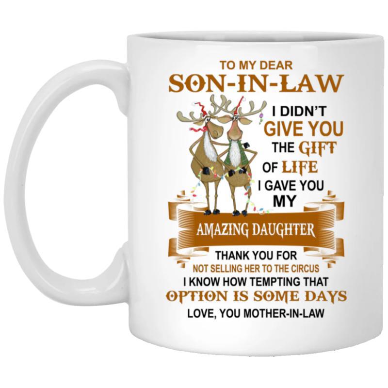 Tailorly White Ceramic 11 oz Mug - To My Dear Son In Law Two Cartoon Reindeer Standing Together With Antlers Above A Brown Gift Ribbon Mug