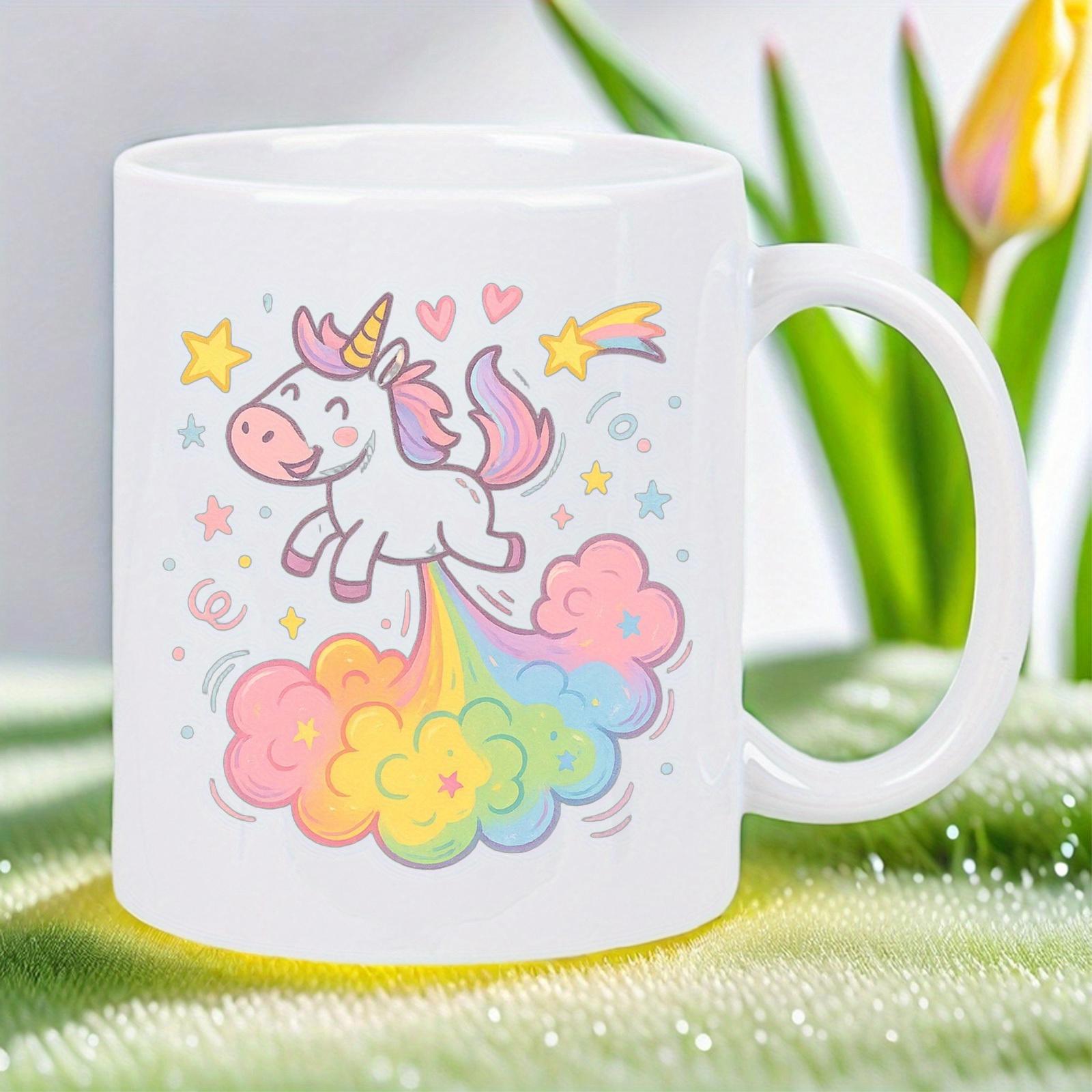 Tailorly White Ceramic 11 oz Mug - Magic Whimsical Rainbow Cloud With Glowing Stars And Cute Jumping Unicorn