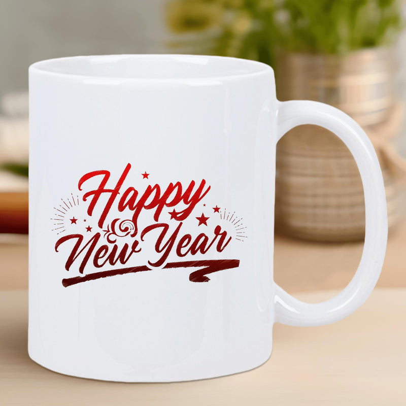 Tailorly White Ceramic 11 oz Mug - Happy New Year Festive Message Decorated With Small Stars And Graceful Swirls Mug