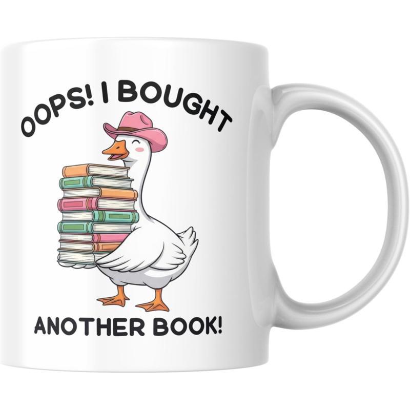 Tailorly White Ceramic 11 oz Mug - Oops I Bought Another Book Whimsical White Bird Wearing Pink Cowboy Hat Carrying Stacked Colorful Hardcover Books Goose
