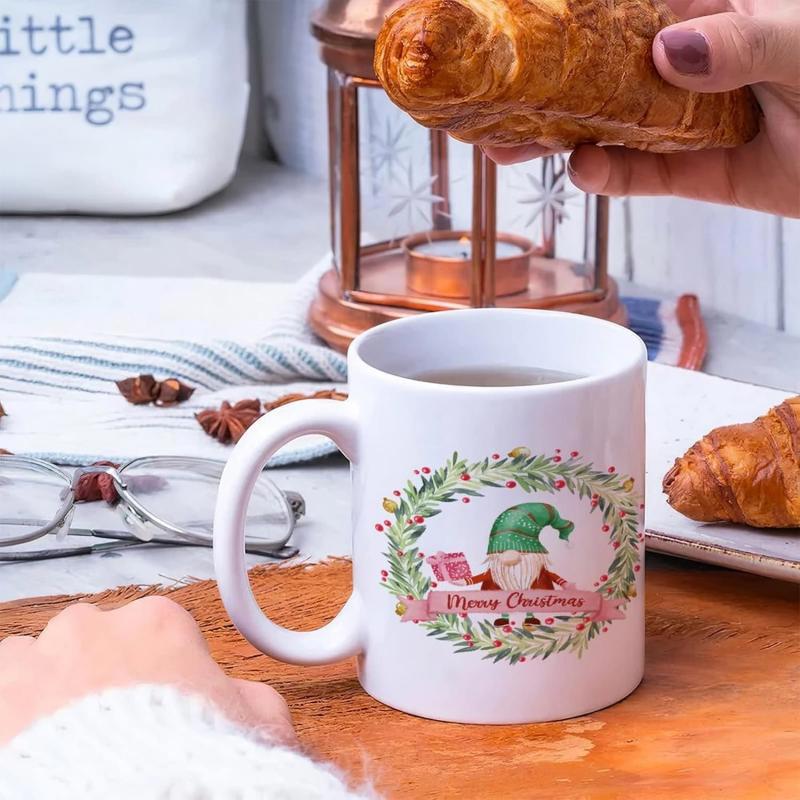 Tailorly White Ceramic 11 oz Mug - Merry Christmas Festive Watercolor Scandinavian Gonk Wearing Green Hat Inside Lush Wreath Gnome