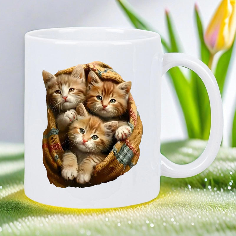 Tailorly White Ceramic 11 oz Mug - Three Adorable Orange Tabby Kittens Inside A Woven Basket Kittens