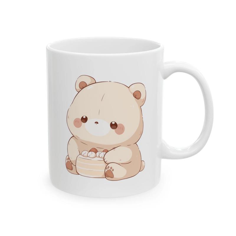 Tailorly White Ceramic 11 oz Mug - Adorable Chubby Sitting Cartoon Cub With Soft Beige Fur And Blushing Cheeks Bear