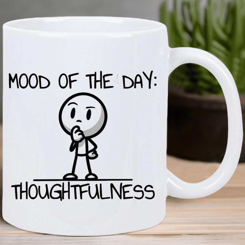 Tailorly White Ceramic 11 oz Mug - Mood Of The Day Thoughtfulness Simple Black Line Drawing Stick Man Thinking In A Philosophical Pose Figure