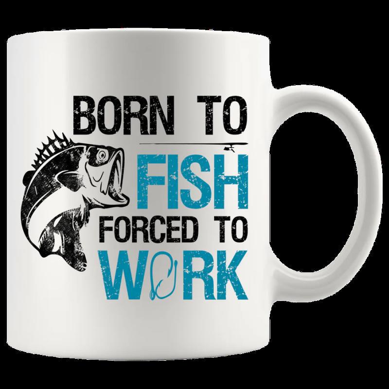 Tailorly White Ceramic 11 oz Mug - Born To Fish Forced To Work Distressed Vintage Bass Silhouette Jumping Near A Horizontal Fishing Rod Line Fish
