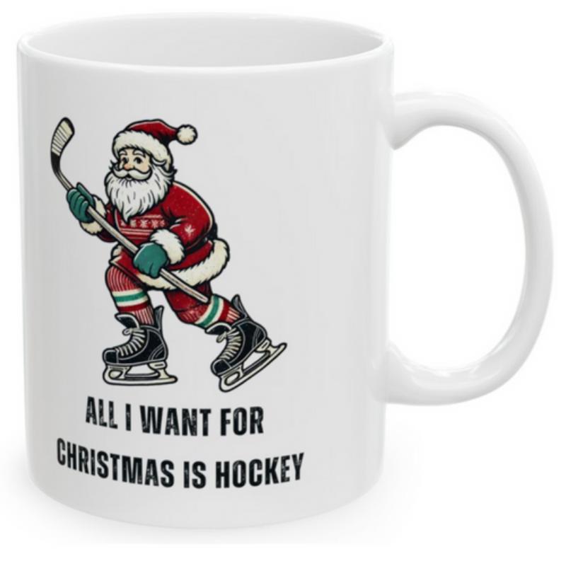 Tailorly White Ceramic 11 oz Mug - All I Want For Christmas Is Hockey Jolly Santa Claus Wearing Ice Skates Holding A Hockey Stick Santa