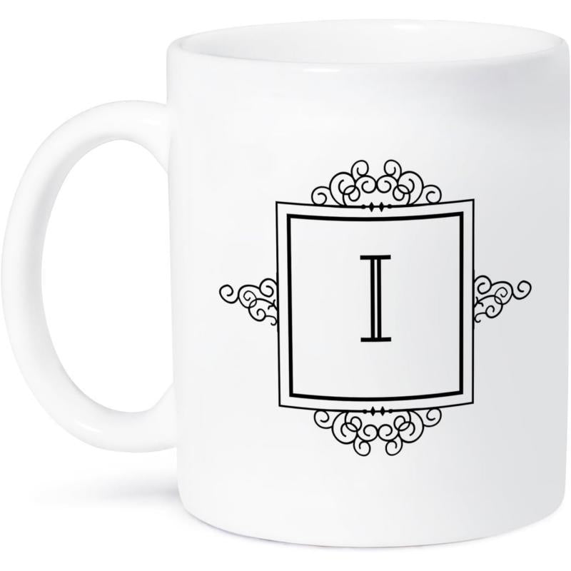 Tailorly White Ceramic 11 oz Mug - I Elegant Black Ornate Frame With Decorative Scrolls Surrounding A Simple Monogram