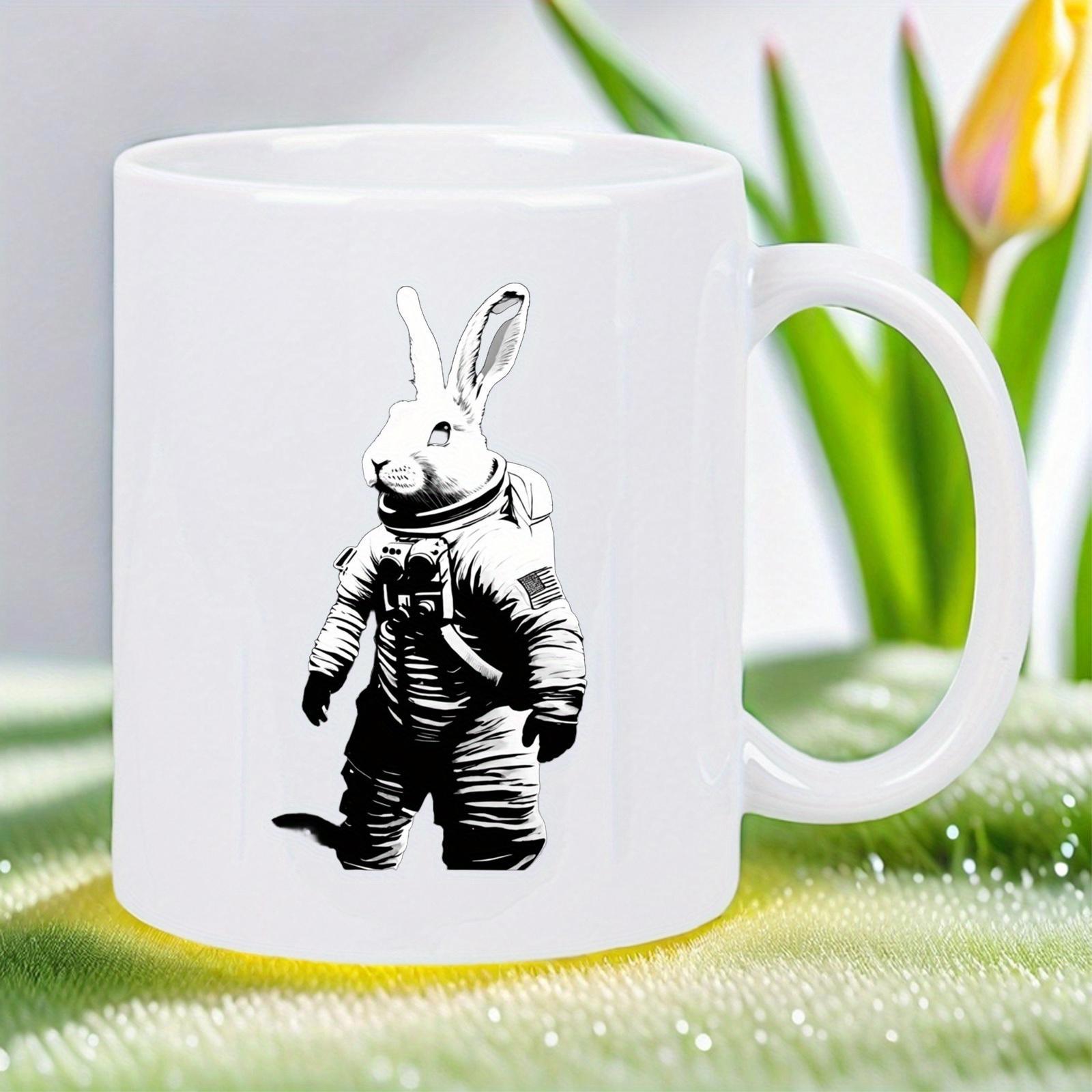 Tailorly White Ceramic 11 oz Mug - Monochrome Stencil Art Of A Cute Space Adventurer Astronaut Rabbit