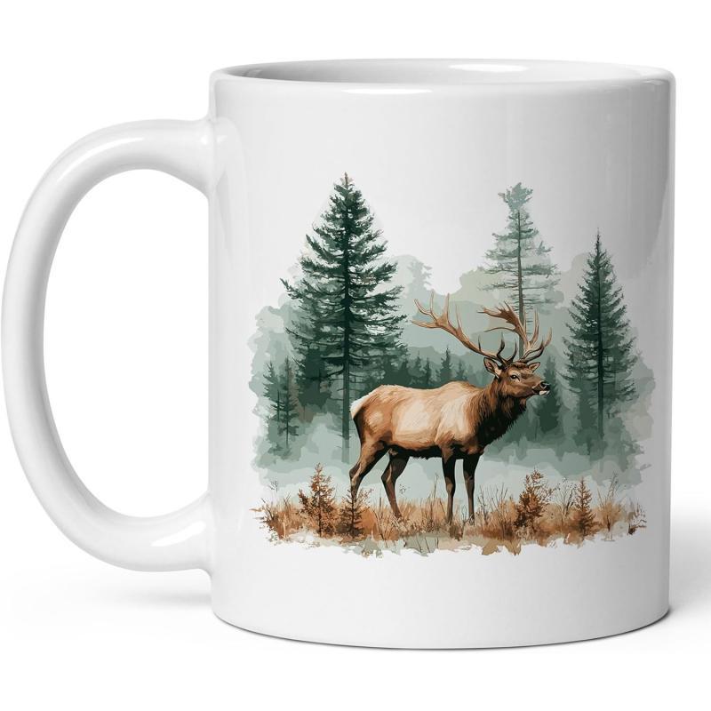 Tailorly White Ceramic 11 oz Mug - Majestic Forest Scene With A Standing Deer In Watercolor Style Elk