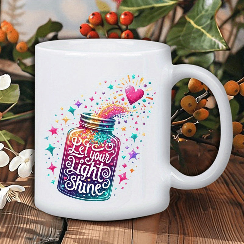 Tailorly White Ceramic 11 oz Mug - Let Your Light Shine Vibrant Mason Jar Bursting With Colorful Stars And Pink Heart Jar