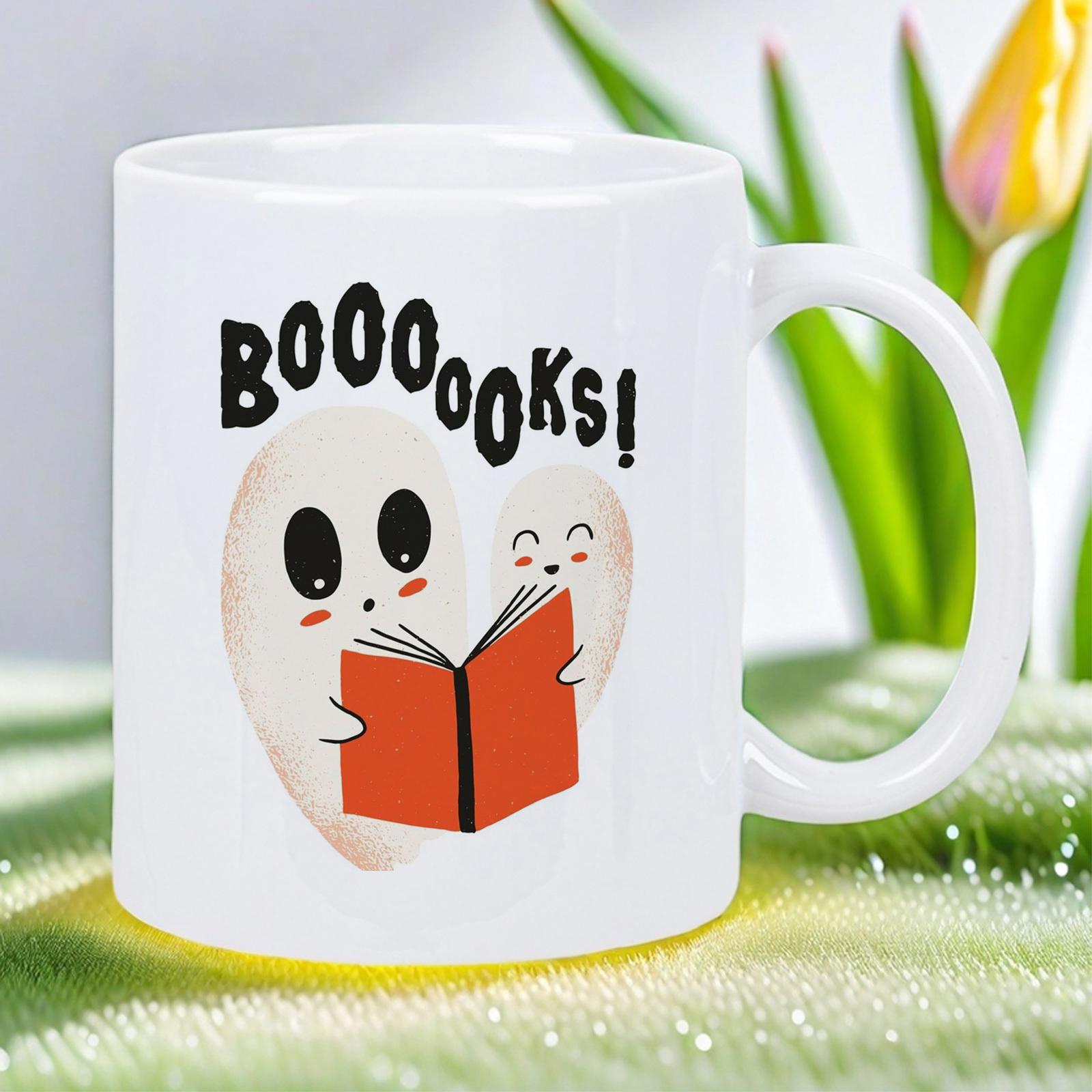 Tailorly White Ceramic 11 oz Mug - Boooooks Two Adorable Cartoon Ghosts Reading A Bright Orange Book Ghost