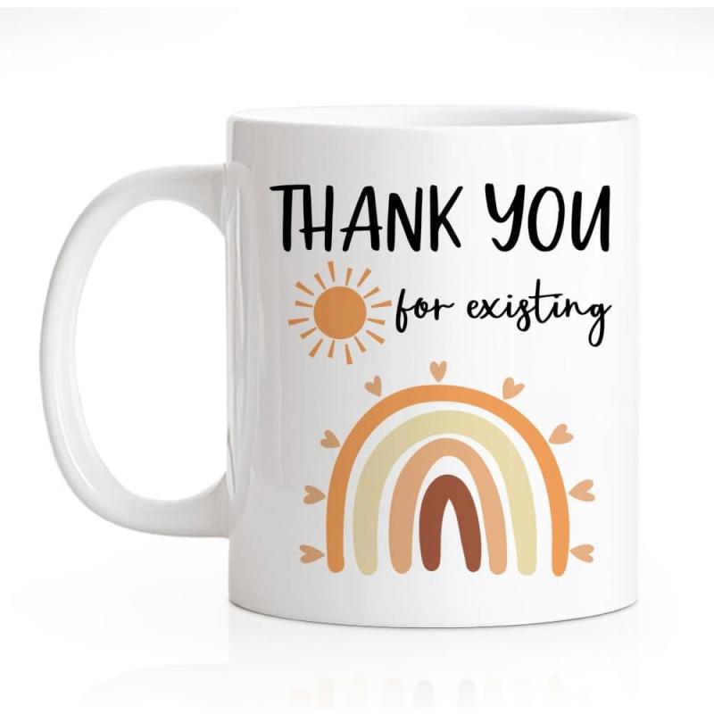 Tailorly White Ceramic 11 oz Mug - Thank You For Existing Earthy Boho Pattern Featuring Sun And Hearts Upon A Gentle Rainbow
