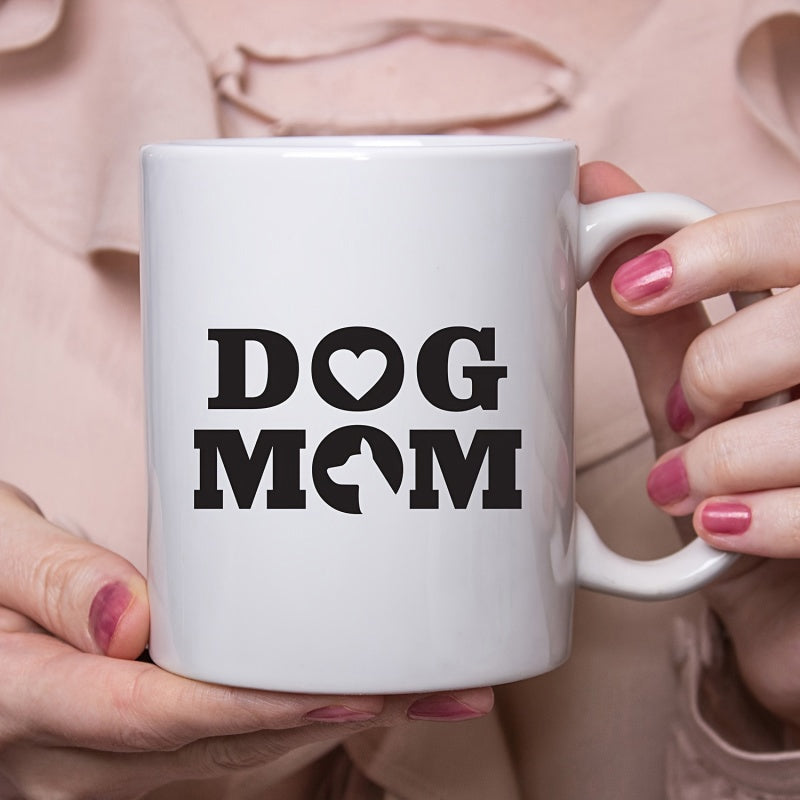 Tailorly White Ceramic 11 oz Mug - Dog Mom Simple Bold Black Lettering Featuring Heart And Pet Silhouette Mug