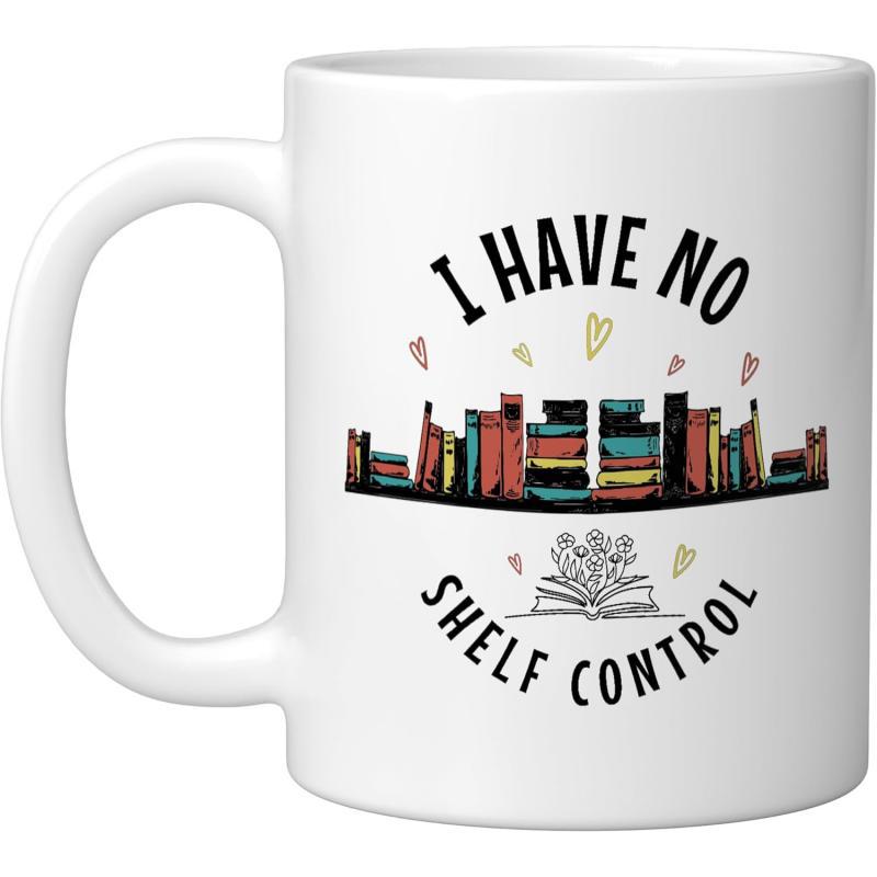 Tailorly White Ceramic 11 oz Mug - I Have No Shelf Control Colorful Rows Of Stacked Books Under Small Floating Hearts Bookshelf