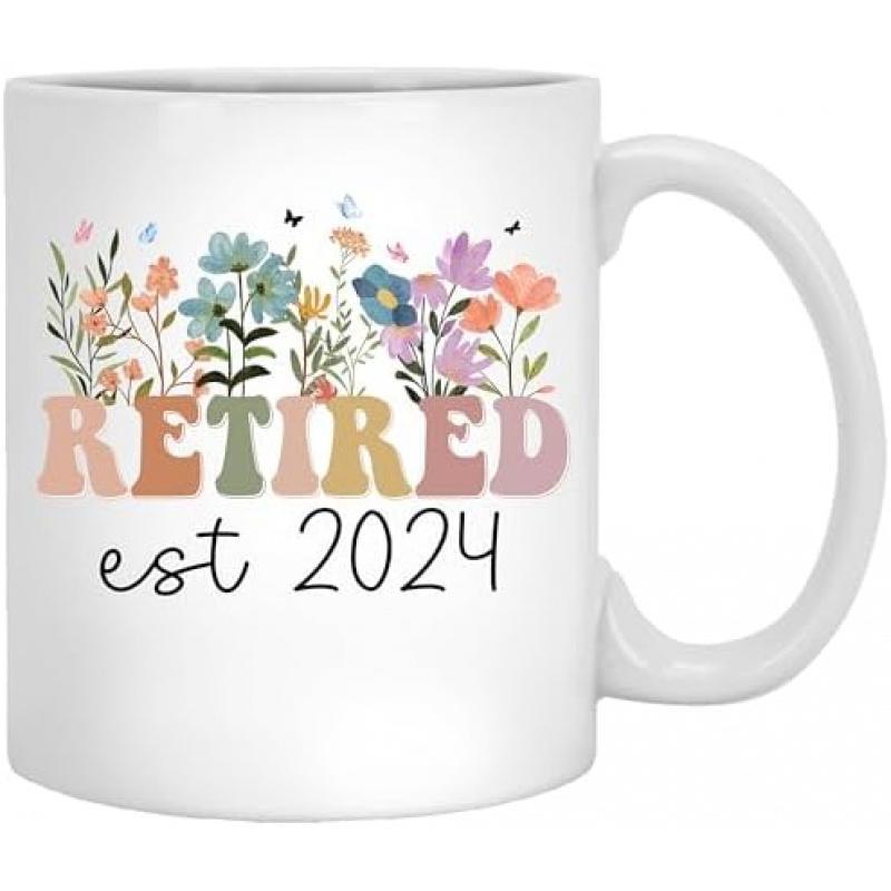Tailorly White Ceramic 11 oz Mug - Retired Est 2024 Blooming Wildflowers With Fluttering Butterflies Growing From Retro Style Pastel Letters Flower