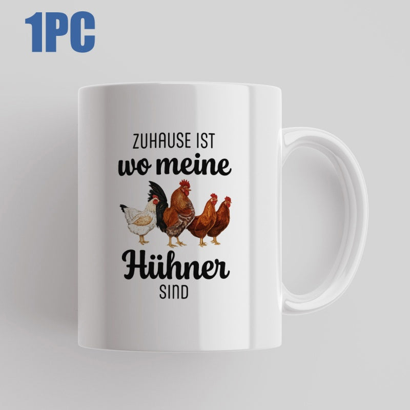 Tailorly White Ceramic 11 oz Mug - Various Breeds Of Farm Poultry Standing Calmly Together On A Field Chicken