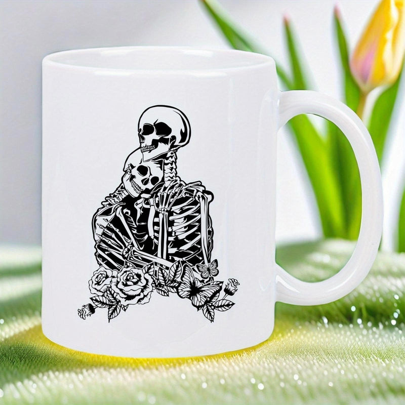 Tailorly White Ceramic 11 oz Mug - Gothic Style Embracing Couple Surrounded By Beautiful Hand Drawn Floral Skeletons