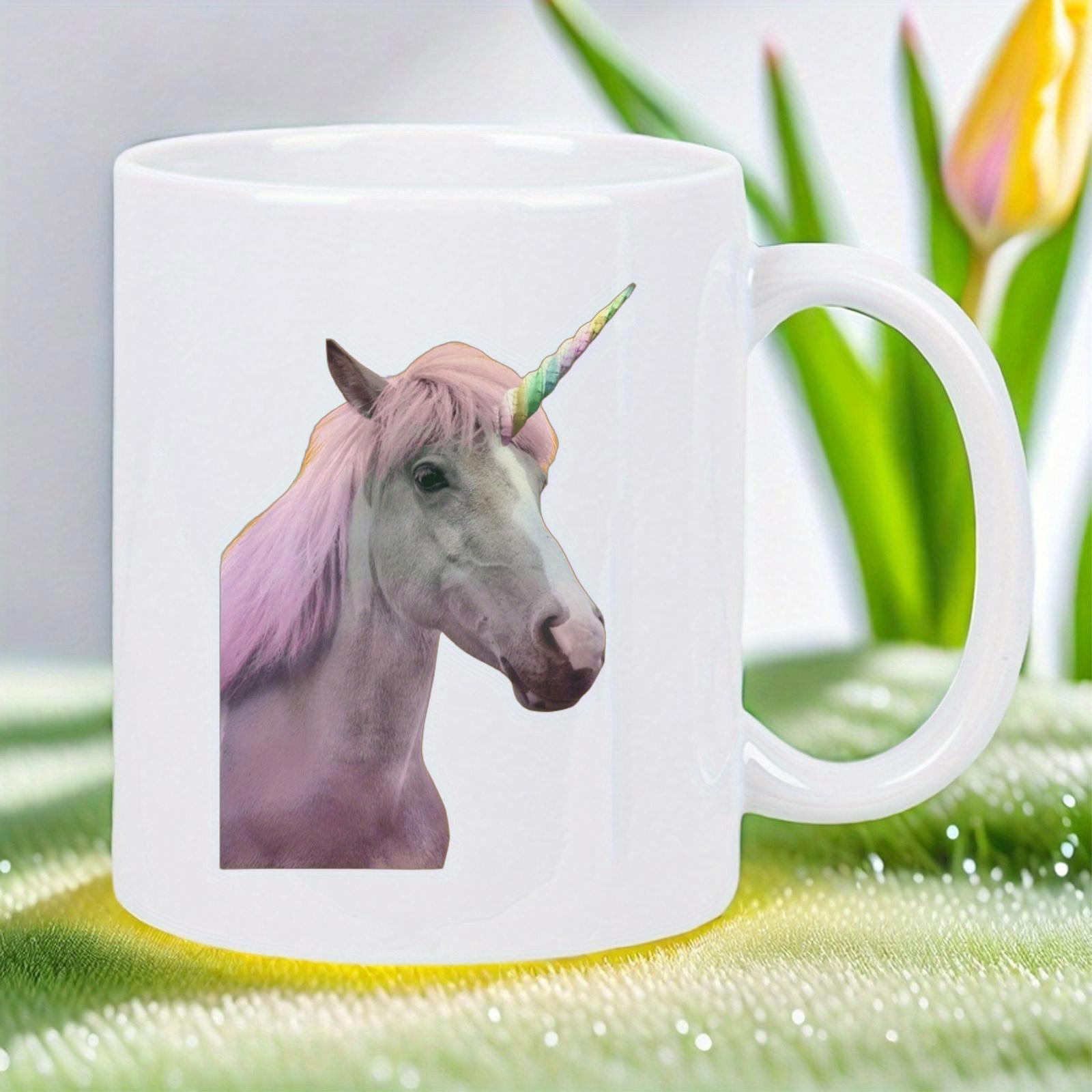 Tailorly White Ceramic 11 oz Mug - Magical Majestic Mythical White Creature With Soft Pink Mane And Spiraled Golden Unicorn