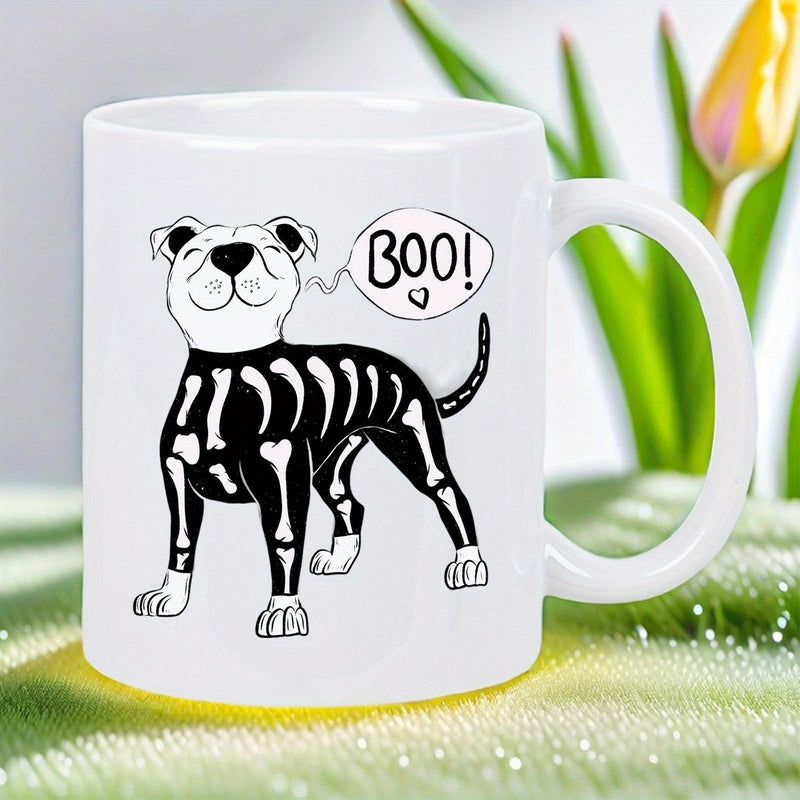Tailorly White Ceramic 11 oz Mug - Boo Hand Drawn Skeleton Costume Wearing Halloween Cute Cartoon Dog