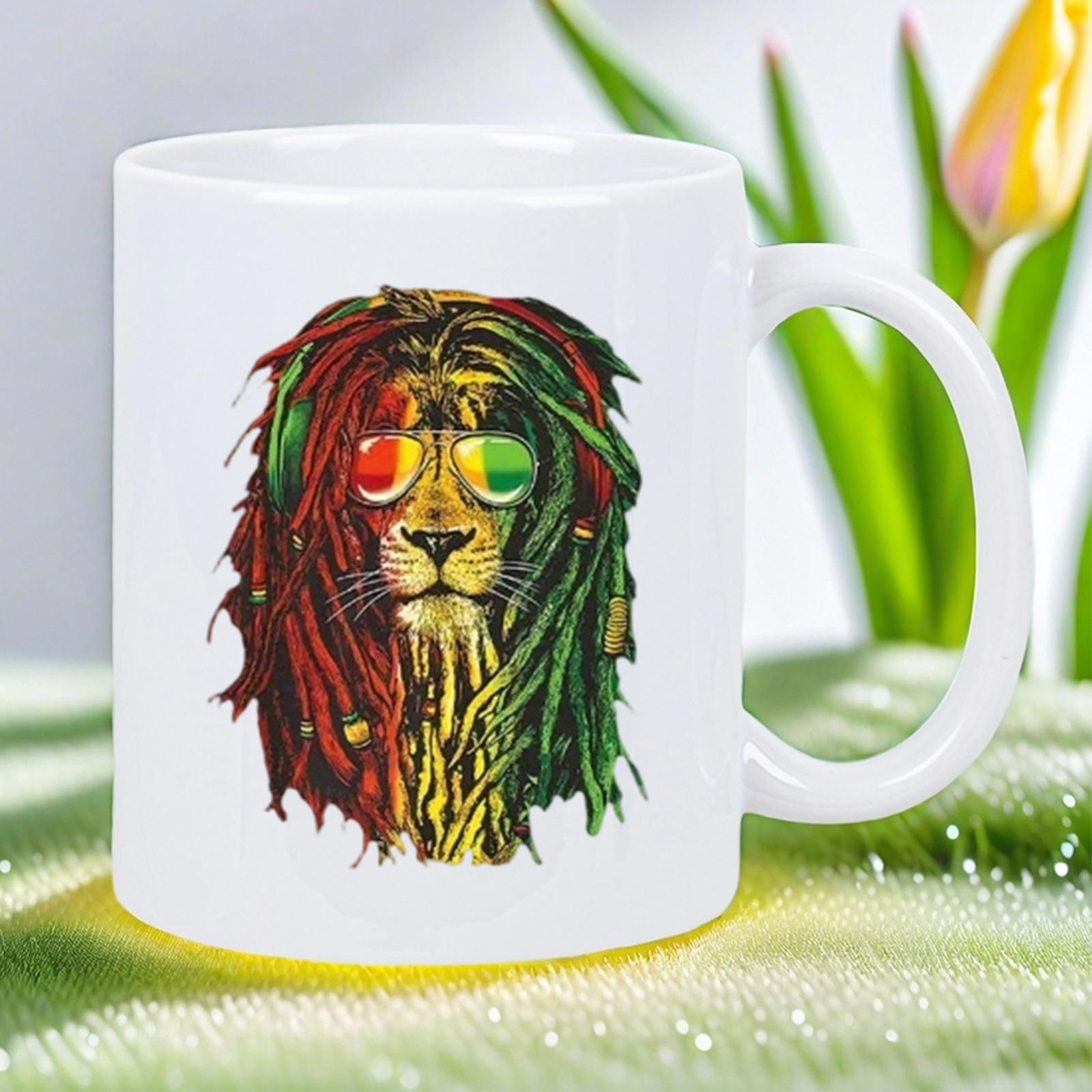 Tailorly White Ceramic 11 oz Mug - Majestic Reggae Lion With Colorful Rasta Dreadlocks Wearing Reflective Sunglasses Lion