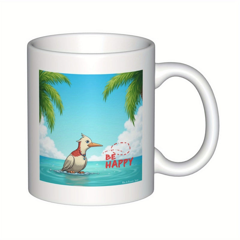 Tailorly White Ceramic 11 oz Mug - Be Happy Tropical Summer Scene With Palm Trees Over Calm Blue Ocean Water Bird