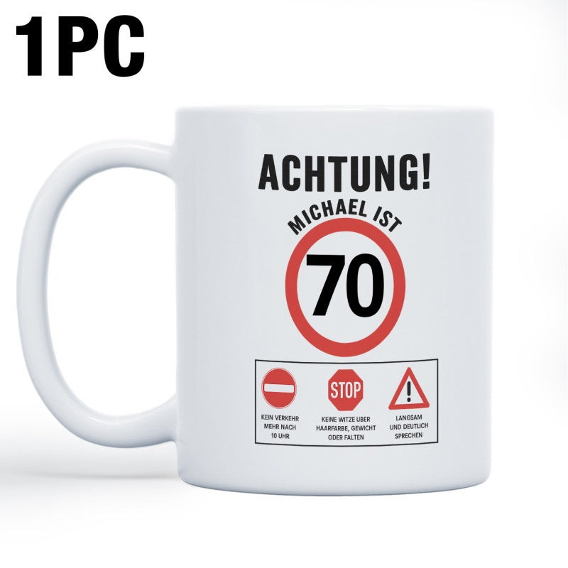 Tailorly White Ceramic 11 oz Mug - Red Road Warning Symbols Celebrating Milestone Birthday On White Surface Sign