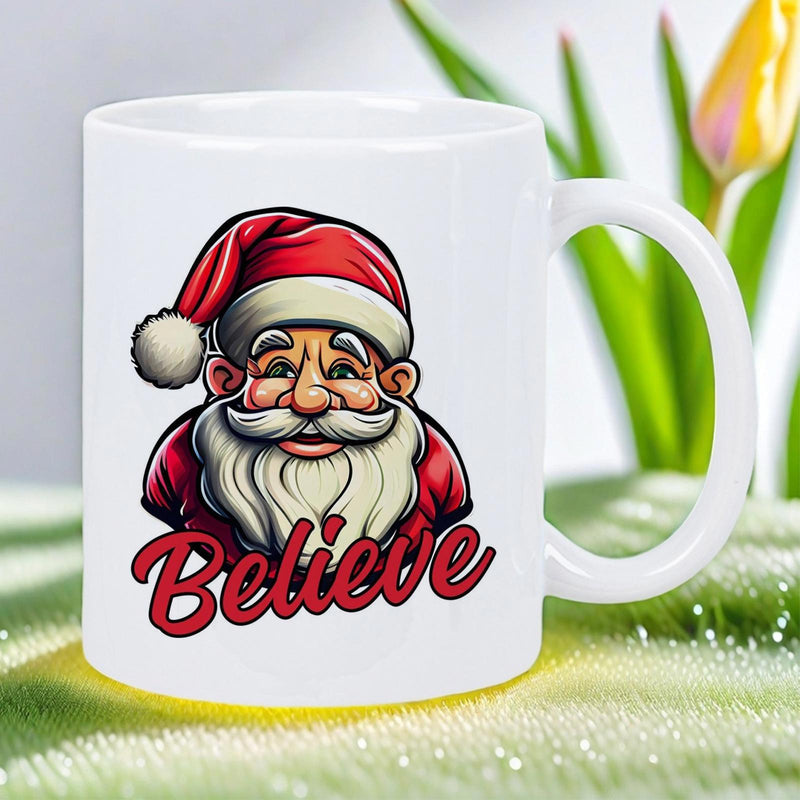 Tailorly White Ceramic 11 oz Mug - Believe Jolly Cartoon Portrait Wearing Red Hat And White Beard Santa