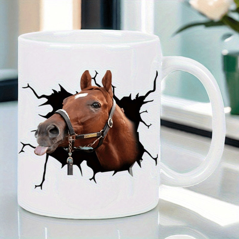 Tailorly White Ceramic 11 oz Mug - Funny Brown Horse Sticking Tongue Out Emerging From Cracked Dark Surface Horse
