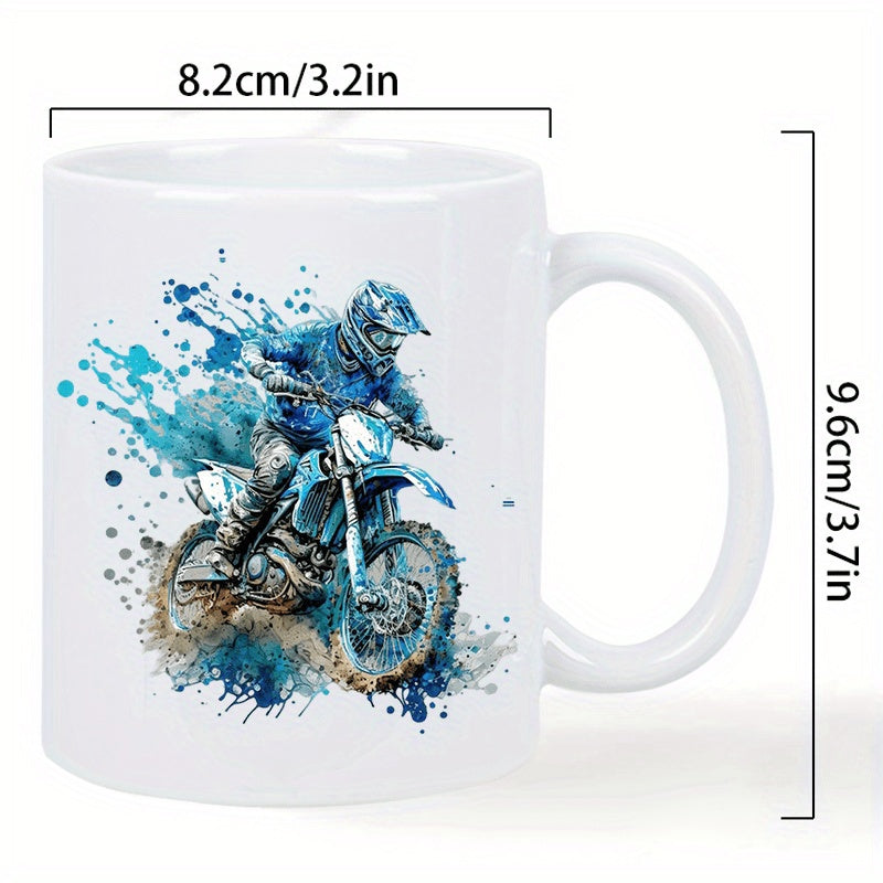 Tailorly White Ceramic 11 oz Mug - Dynamic Blue Watercolor Splatter With Mud Kicking Off Wheels Motocross Rider