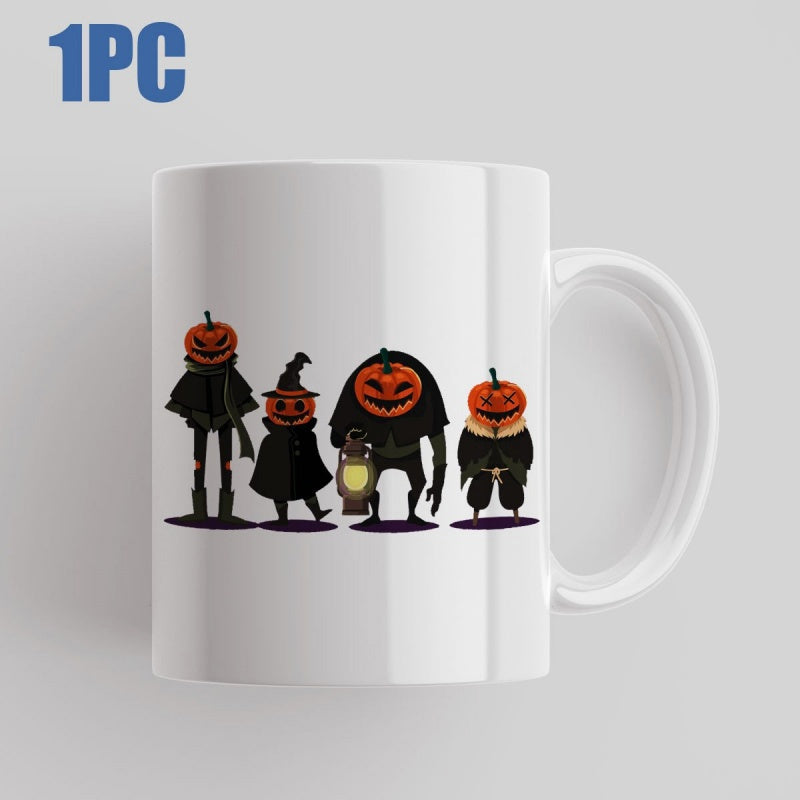 Tailorly White Ceramic 11 oz Mug - Spooky Halloween Figures Wearing Black Capes Holding A Glowing Lantern Pumpkin